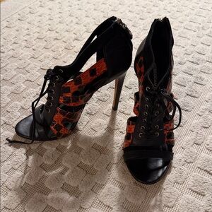 Rebecca Minkoff Black and Orange Lace-Up Heels